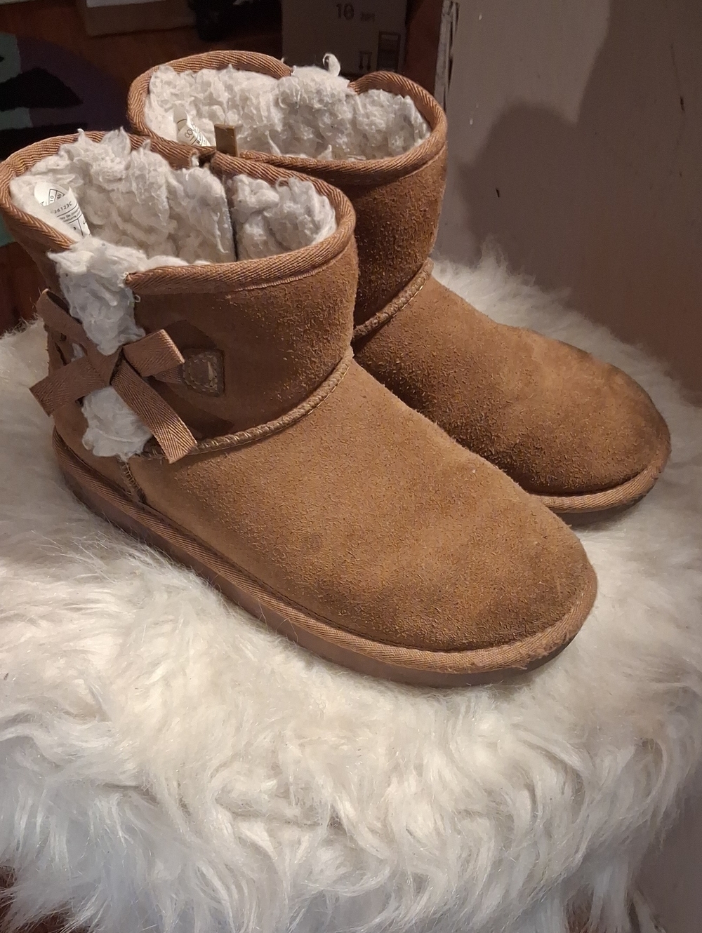 KOOLABURRA BY UGG Chestnut Kids Suede Shearling Ankle Boots Bow SIZE 2 (33.5)